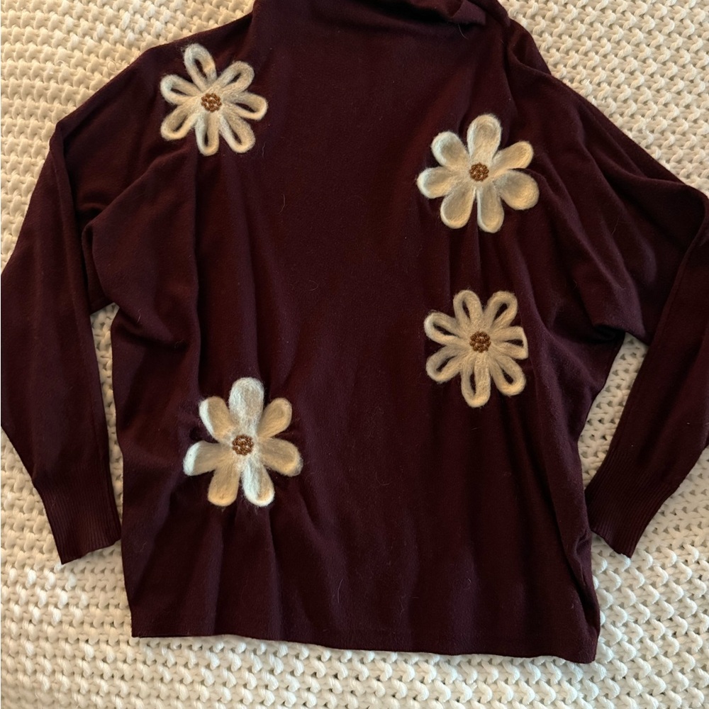 Floral Embellished Burgundy Sweater